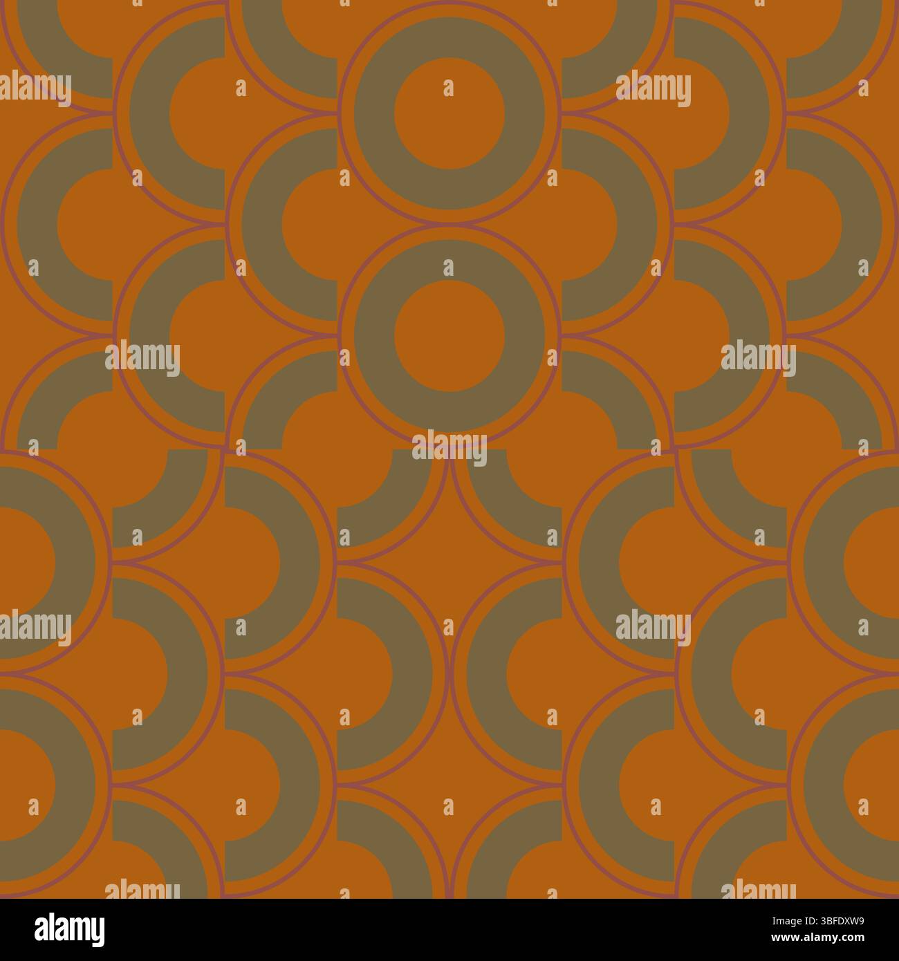 Warm and sophisticated seamless pattern featuring olive green circular elements on a rich orange background with subtle outline details. This vintage- Stock Vector