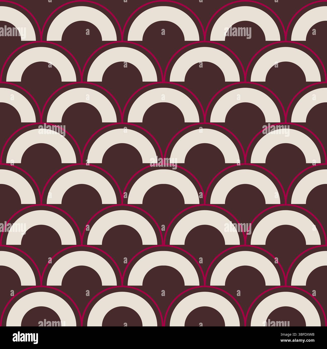 Vintage-inspired seamless pattern featuring cream half-circles arranged in a scalloped layout against a rich dark brown background. Each element is ou Stock Vector