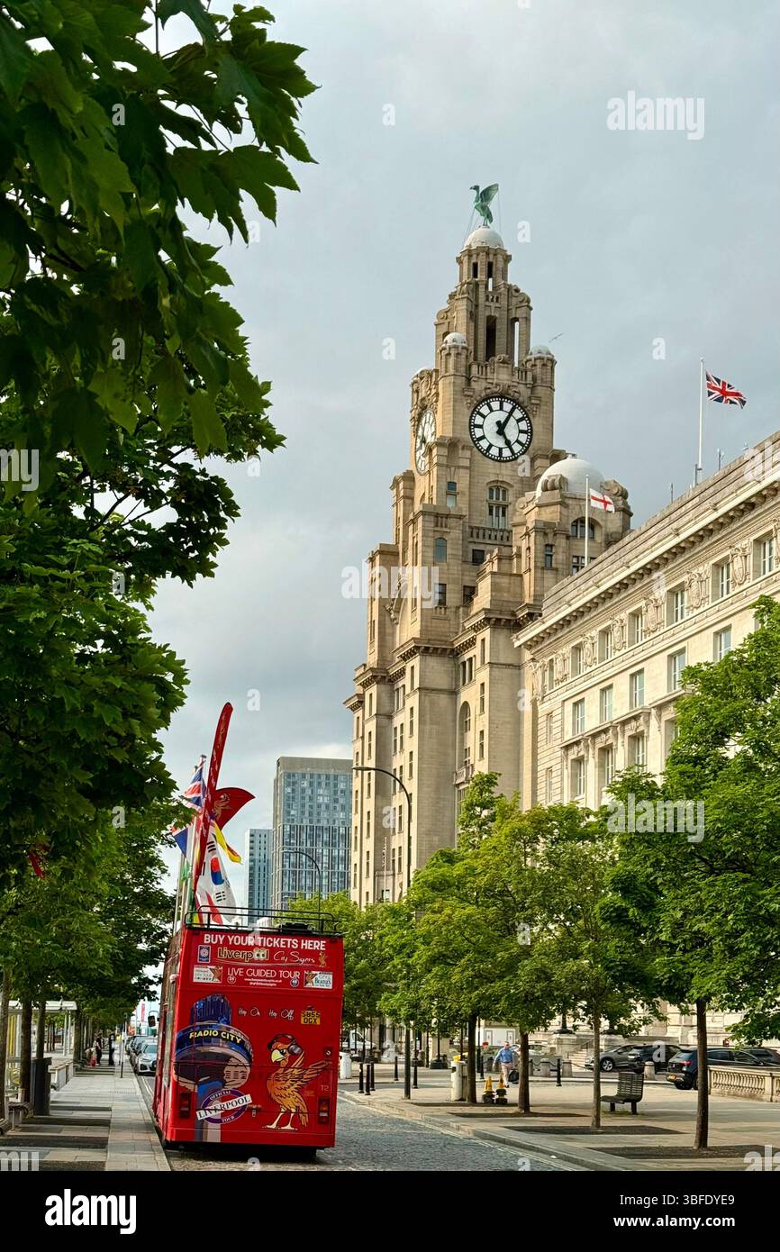 The Royal Liver Building and a city tour bus fitted out as a ticket office on Liverpool waterfront - Smartphone Captured Stock Image
