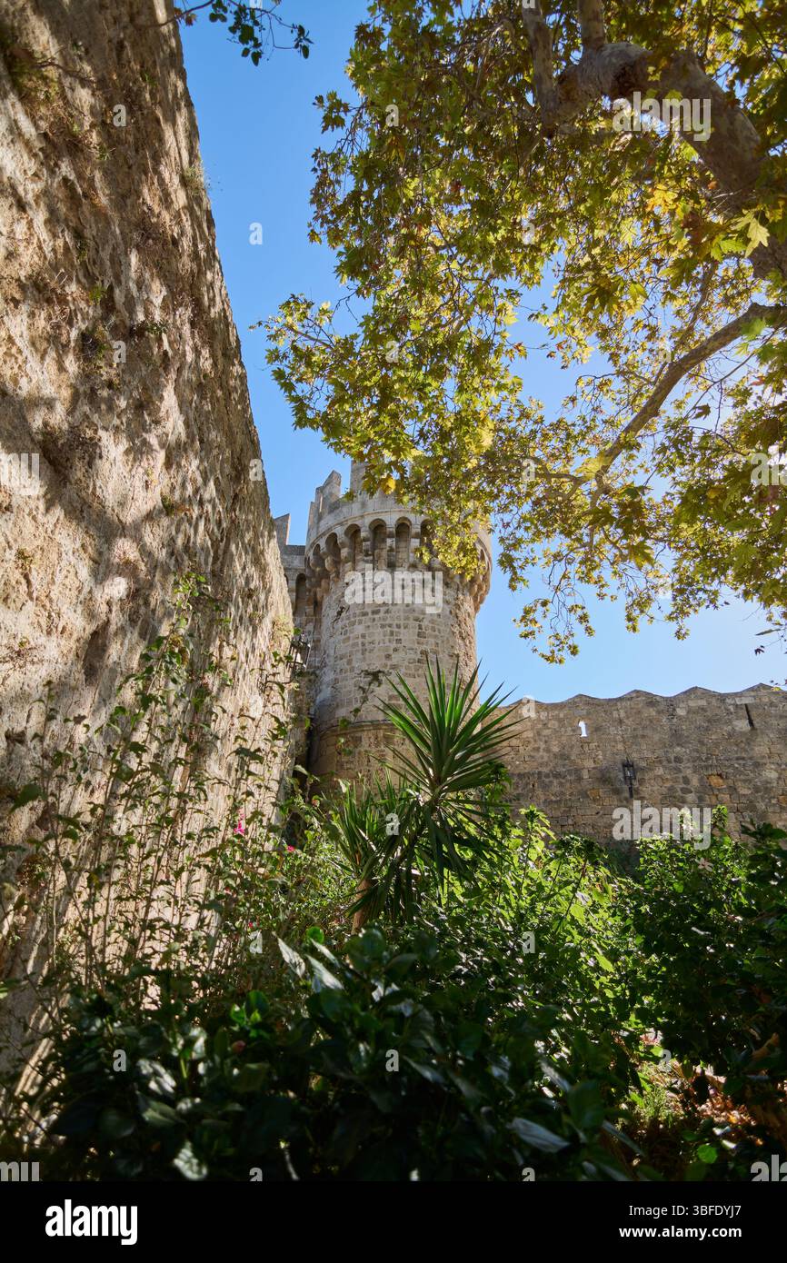 A majestic medieval castle tower and weathered stone walls of the Grand ...