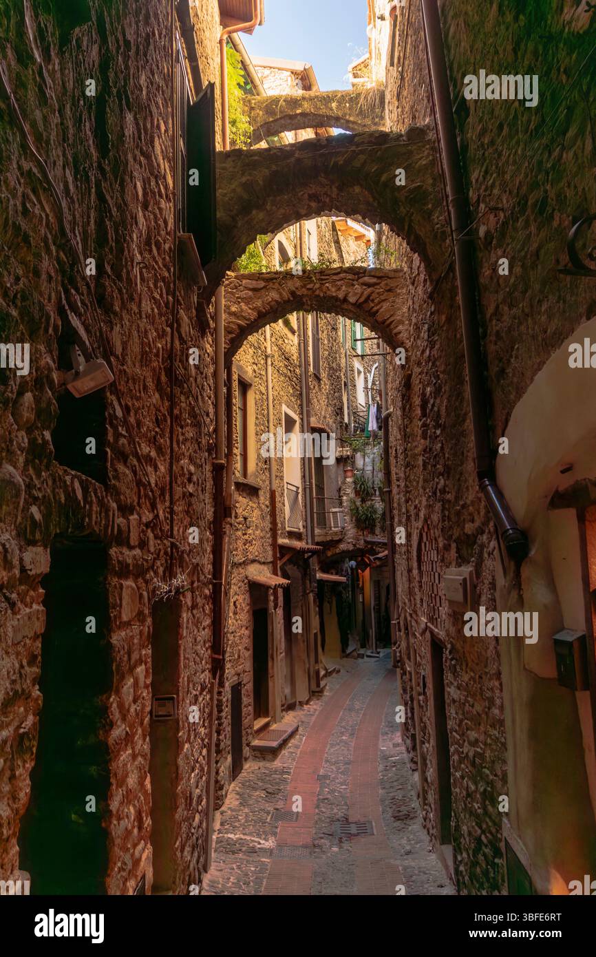 Dolceacqua, the small medieval village near Bordighera in the Ligurian Riviera where once Monet came to portray its castle and bridge. Stock Photo