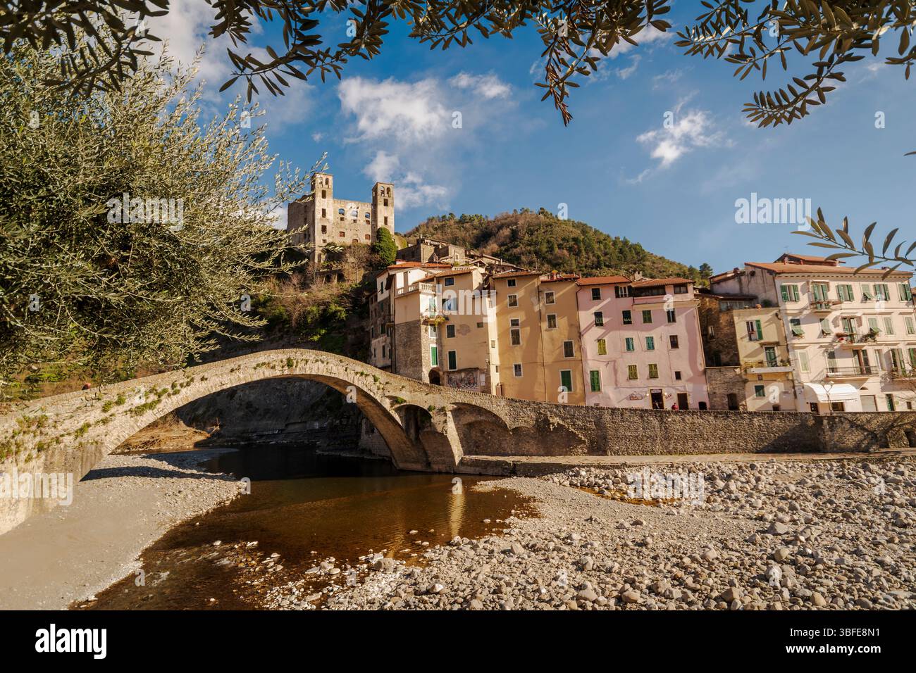 Dolceacqua, the small medieval village near Bordighera in the Ligurian Riviera where once Monet came to portray its castle and bridge. Stock Photo