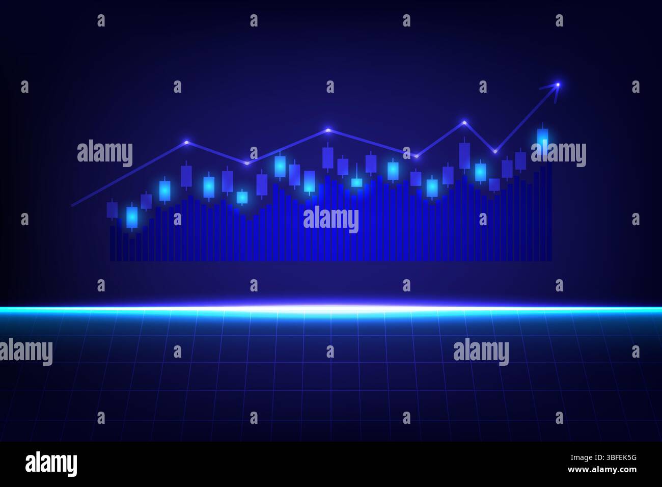Financial chart with candlesticks and uptrend line with rectangle grid, abstract technology infographic and analytics, vector illustration Stock Vector