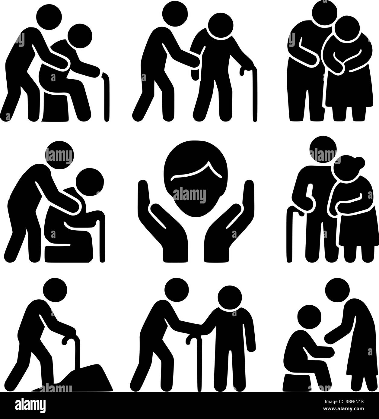 Elderly Care and Support Icons Set - Silhouette Style Stock Vector