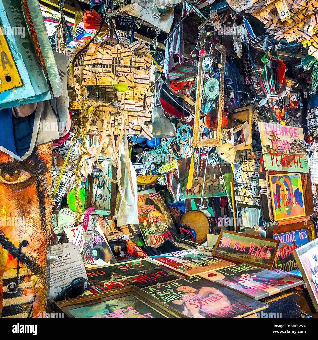 Artworks by Gaspard Delanoë (pseudonym of Frédéric Hébert) in the 59 Rivoli artists squat - Paris 75001, France. Stock Photo