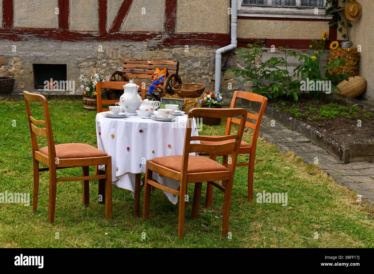 Coffee table in the farm garden Stock Photo