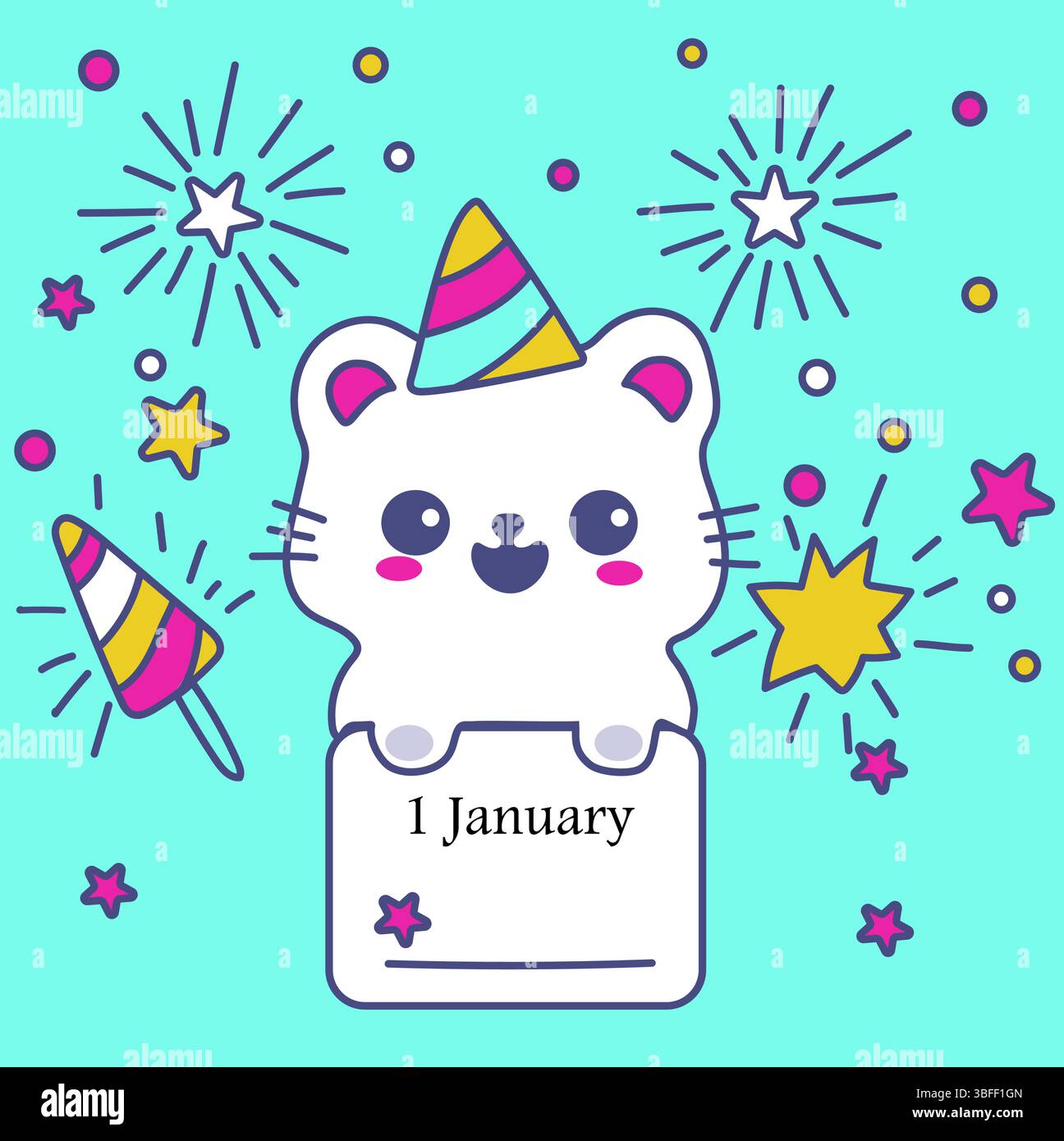 Flat vector illustration with cat, stars isolated fireworks 1 january ...