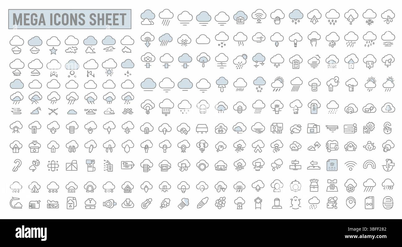 Set of Linear Cloud Vector Icons, Icon Sheet. Stock Vector