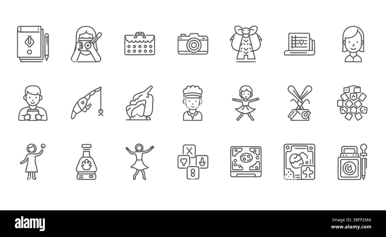 Set of Linear Hobby Vector Icons, Icon Sheet. Stock Vector