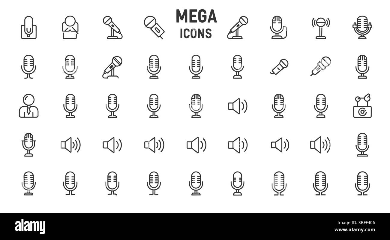 Set of Linear Microphone Vector Icons, Icon Sheet. Stock Vector