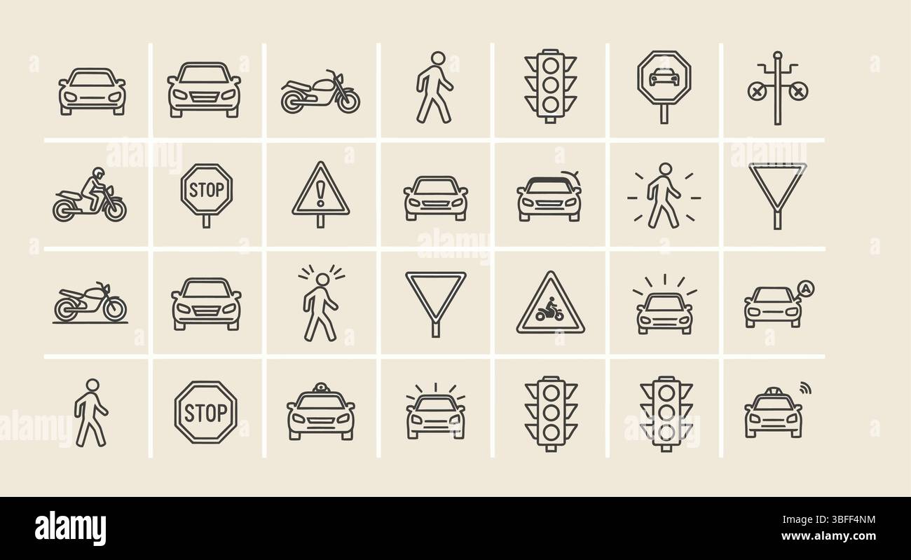 Set of Linear Traffic Vector Icons, Icon Sheet. Stock Vector