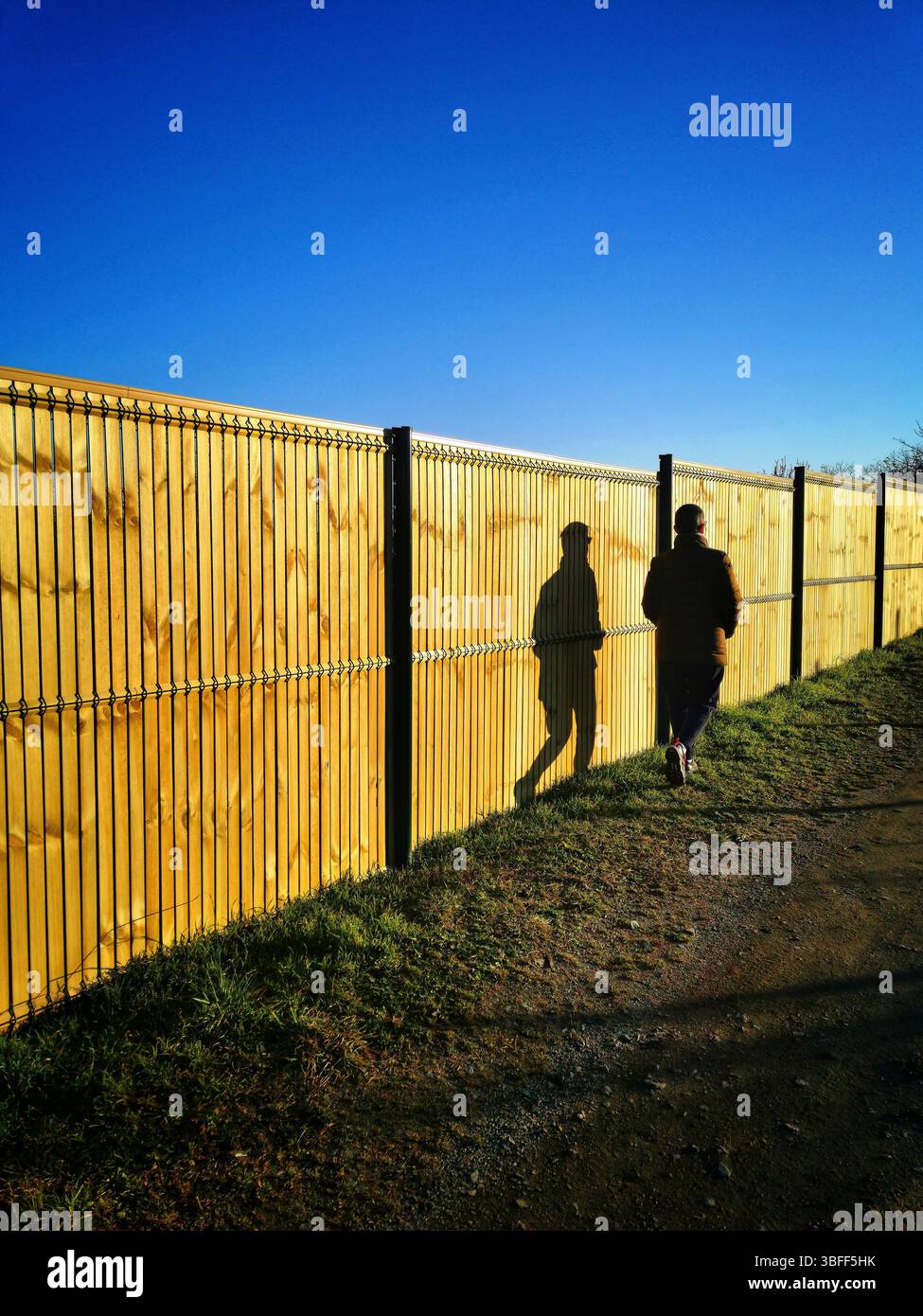 A solitary woman strolls beside a tall wooden fence on a well-worn path. - Smartphone Captured Stock Image
