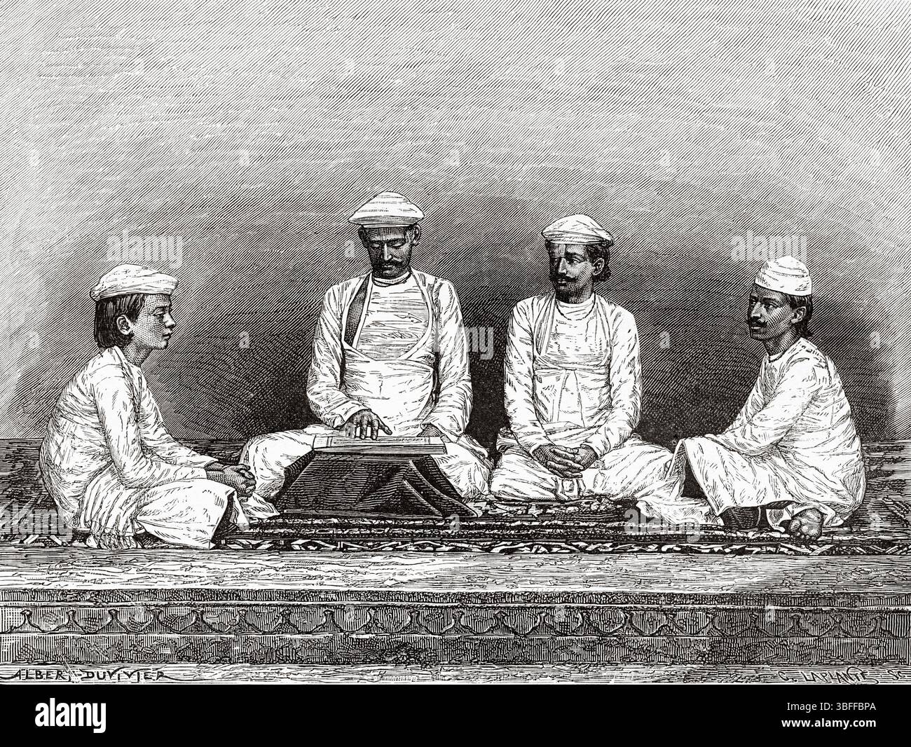 Brahmins from Bengal. India. Drawing by A. Duvivier. Travels in Central India and in the Presidencies of Bombay and Bengal, 1876 by Louis Theophile Marie Rousselet (1845–1929) Le Tour du Monde 1874 Stock Photo