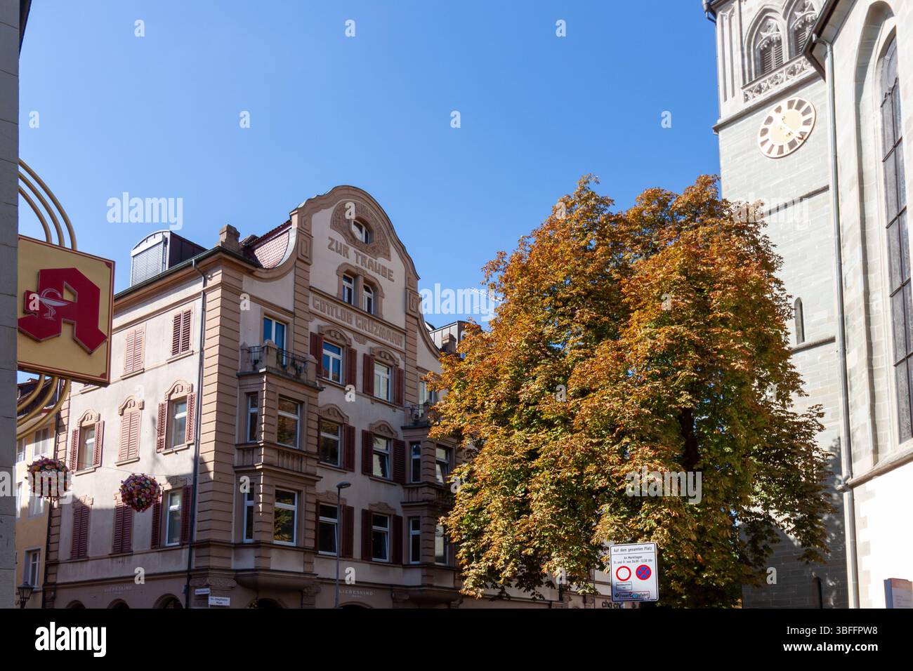 KONSTANZ, GERMANY - SEPTEMBER 24, 2023: A charming street scene in Konstanz (Constance), Germany, bathed in the bright sunlight of a clear day Stock Photo