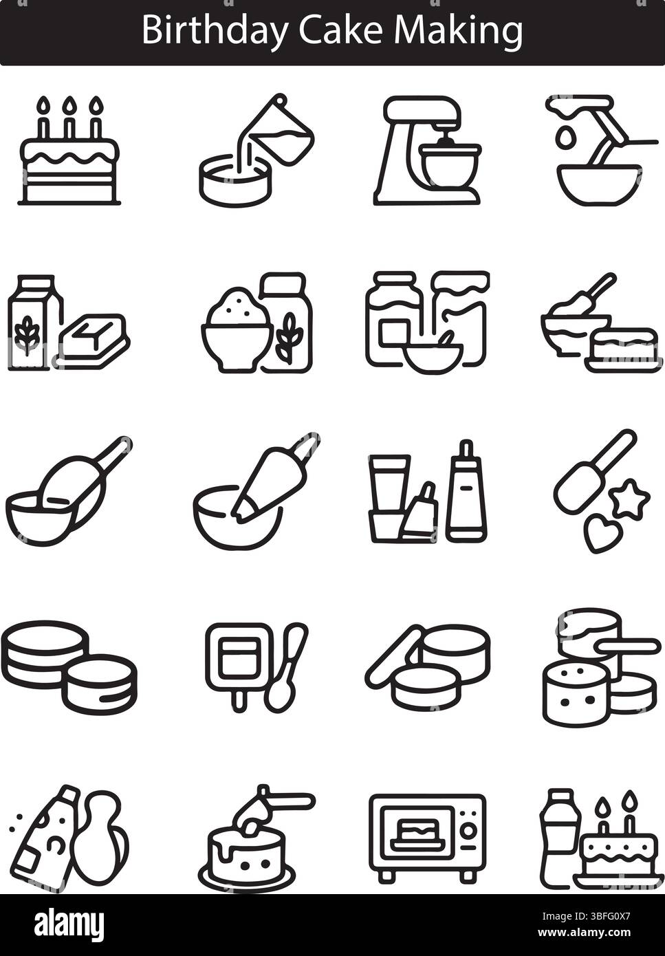 Birthday Cake Making Icons – Baking Tools & Ingredients Vector Set for Kitchen and Dessert Design Stock Vector