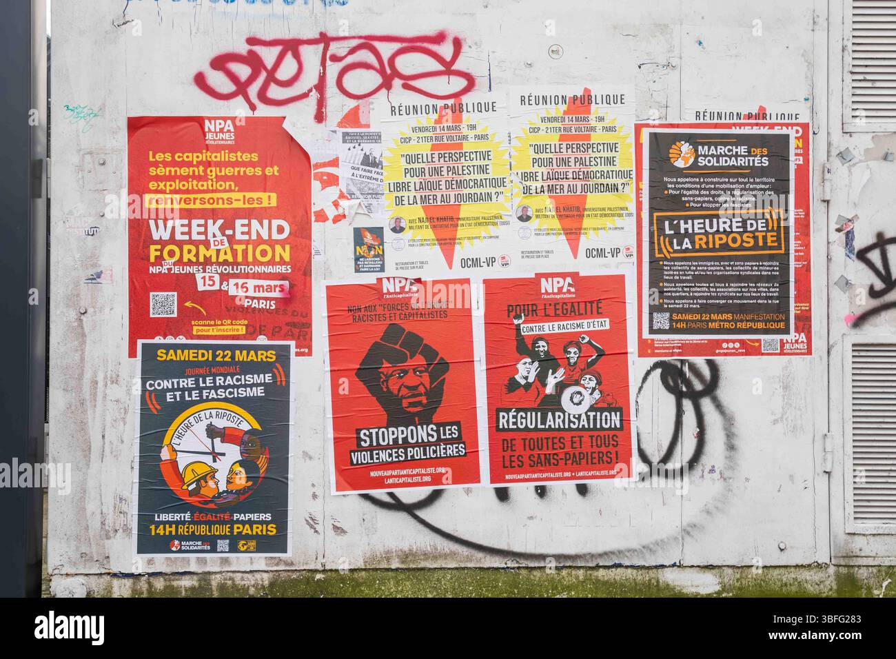 NPA France posters on utility cabinet at Rue Francis de Croisset in Clignancourt district of Paris, France Stock Photo