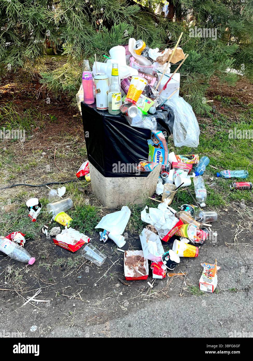 Scattered garbage overloaded overflowing bin at urban garden party - Smartphone Captured Stock Image