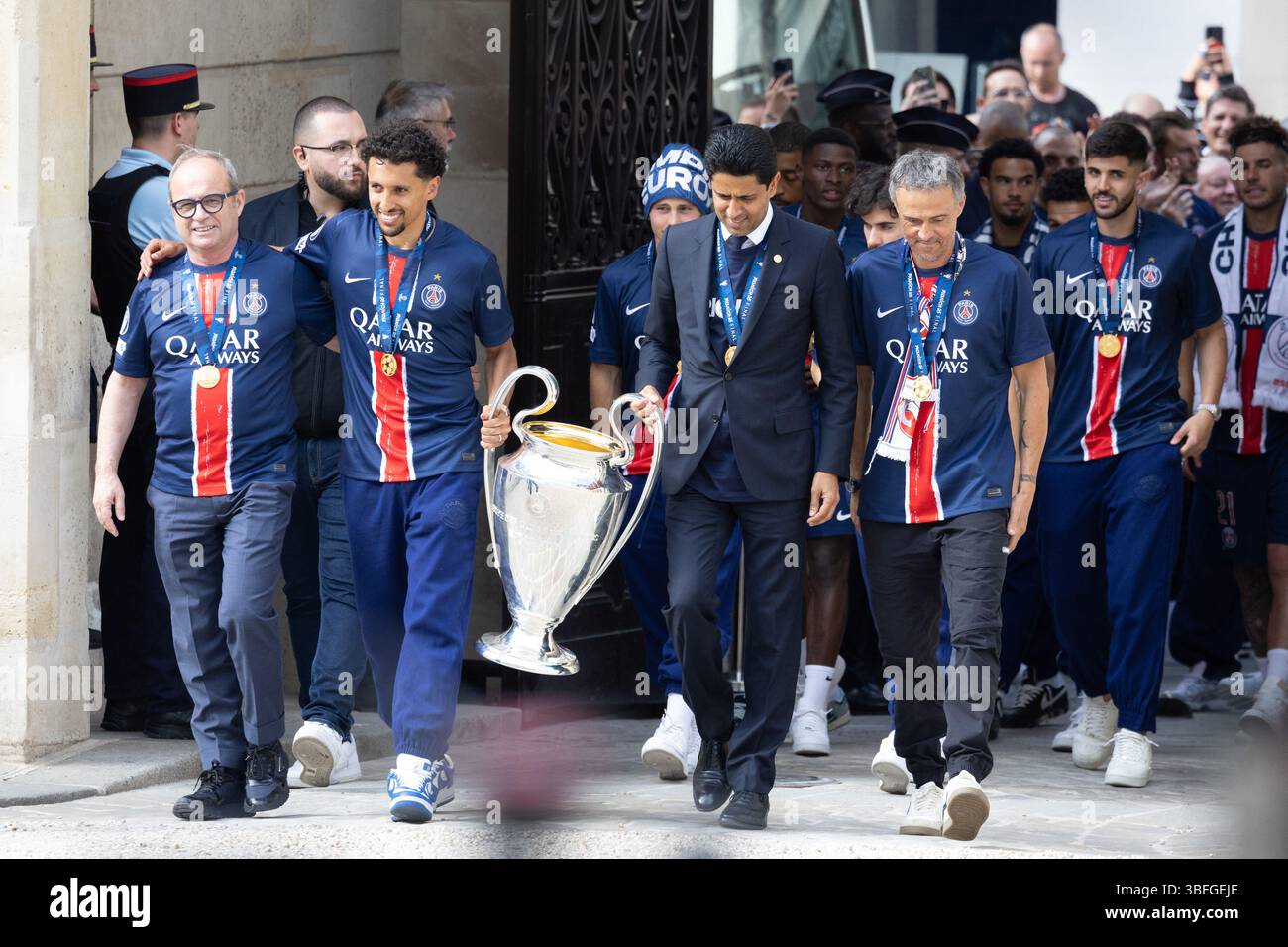 paris-france-01st-june-2025-paris-saint-germains-portuguese-football-advisor-luis-campos-paris-saint-germains-brazilian-defender-05-marquinhos-paris-saint-germains-qatari-president-nasser-al-khelaifi-paris-saint-germains-spanish-coach-luis-enrique-and-psgs-players-arrive-for-a-reception-at-the-elysee-presidential-palace-in-paris-on-june-1-2025-a-day-after-psg-won-the-2025-uefa-champions-league-final-football-match-against-inter-milan-in-munich-photo-by-raphael-lafargueabacapresscom-credit-abaca-pressalamy-live-news-3BFGEJE.jpg