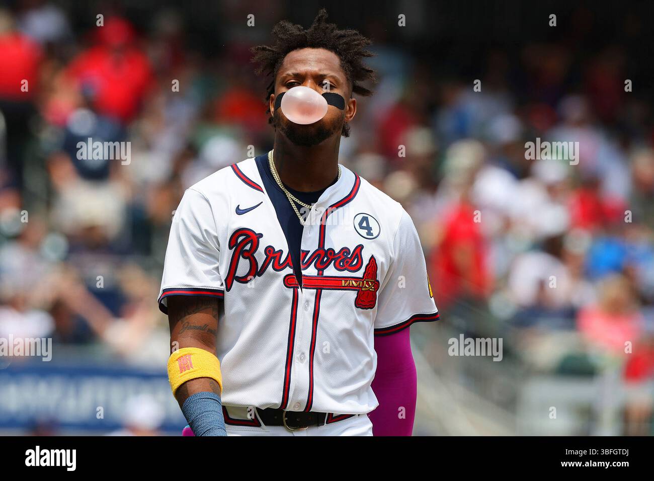ATLANTA, GA - JUNE 01: Ronald Acuna, Jr. #13 reacts after striking out ...