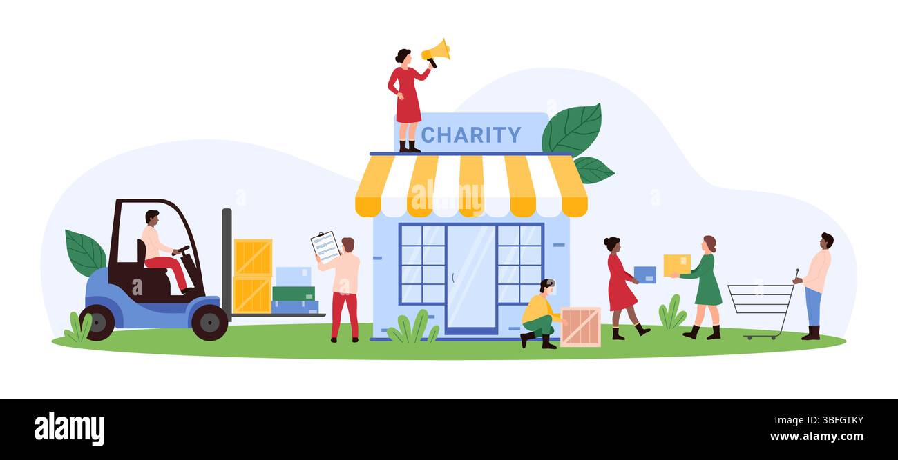 Vector illustration of a charity center with volunteers engaging in various activities, emphasizing community service, support, and humanitarian efforts. Perfect for nonprofit and volunteering themes. Stock Vector