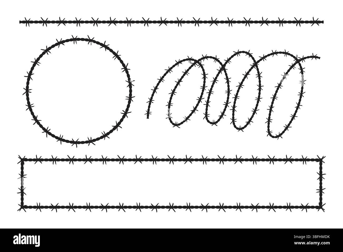 Geometric composition showcasing diverse barbed wire elements against a white background, evoking sharp textures. Stock Vector