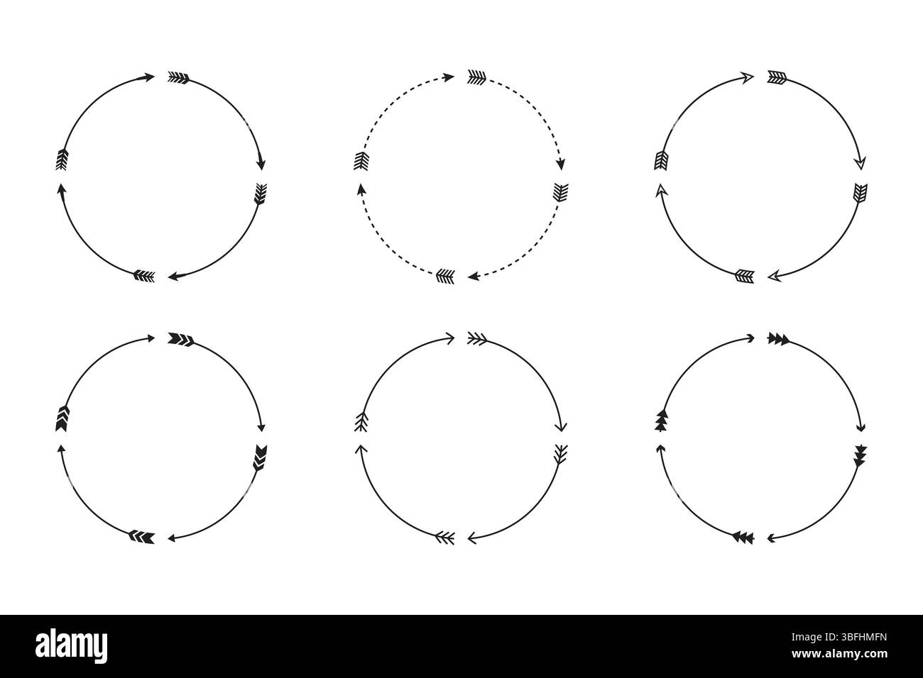 Six circular arrow flow designs, demonstrating movement and directionality, drawn in minimal black and white. Stock Vector