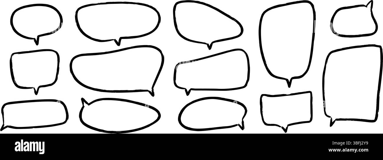 Hand drawn speech bubbles collection. Doodled marker dialog box set. Sketched textured comic talk frames. Round, square or rectangle balloon text box bundle. Vector felt tip pen chat cloud pack Stock Vector