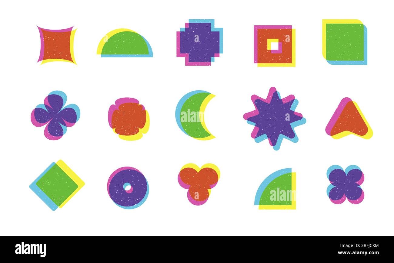 Trendy brutal geometric shapes set with riso graph print effect. Stock Vector