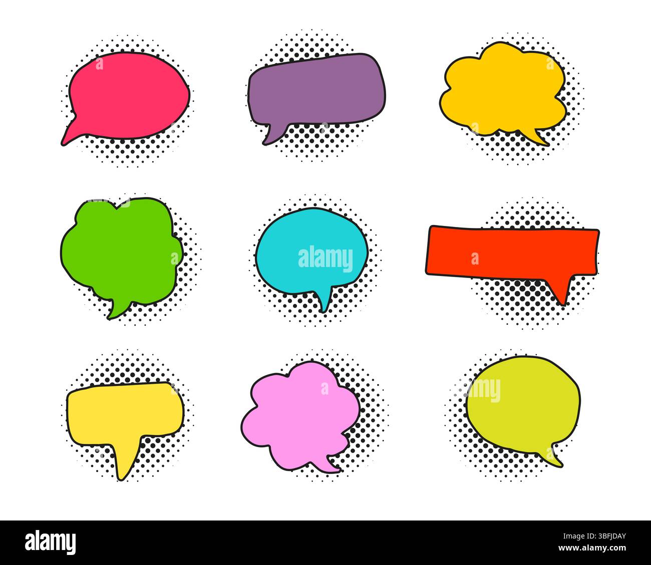 Doodle drawing retro speech bubbles collection with halftone shadows Stock Vector