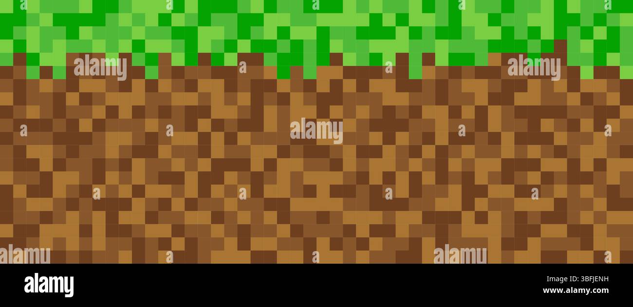 Pixel grass and ground seamless pattern. Pixelart computer block texture. Digital green grass and brown ground pattern. Game style squared background Stock Vector