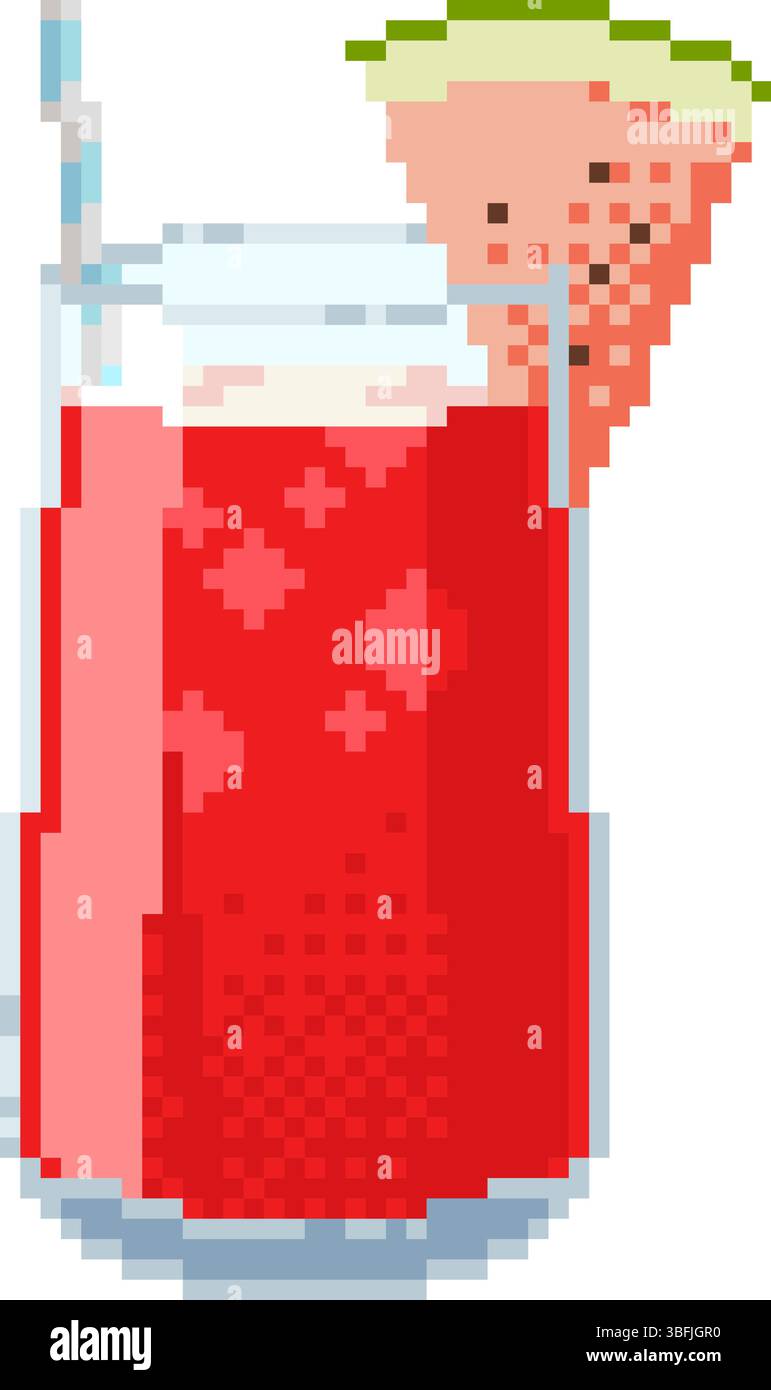 Watermelon cocktail with straw and slice in pixel art style. Summer ...