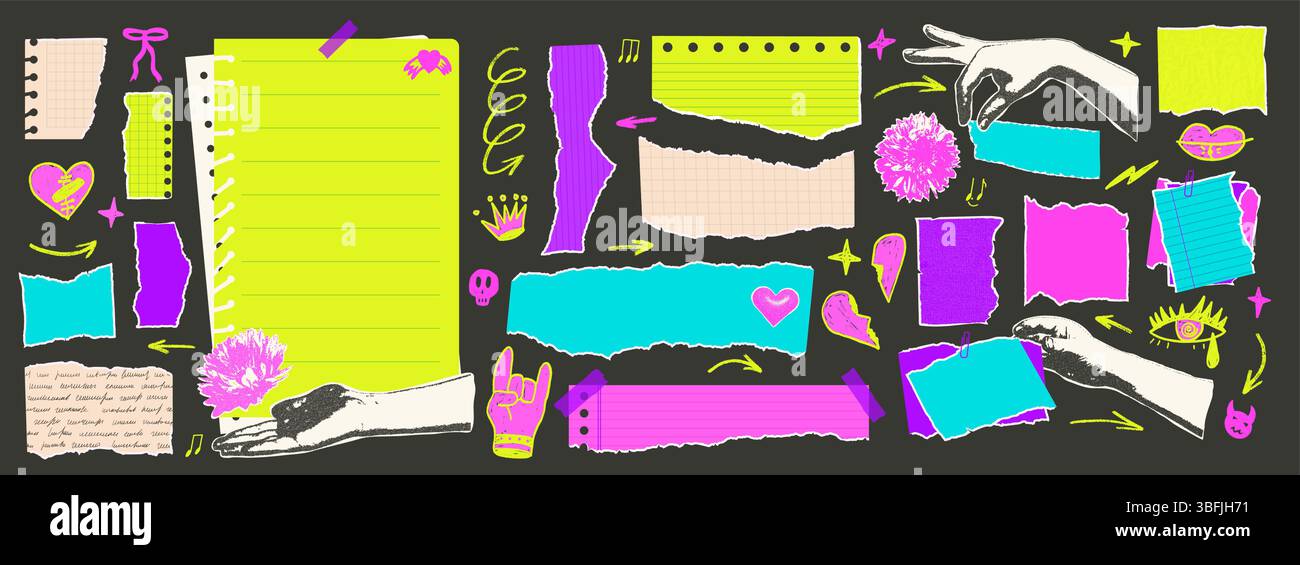 Punk Note Paper Set of torn school papers with hands and flowers. Ripped punk sheet ...