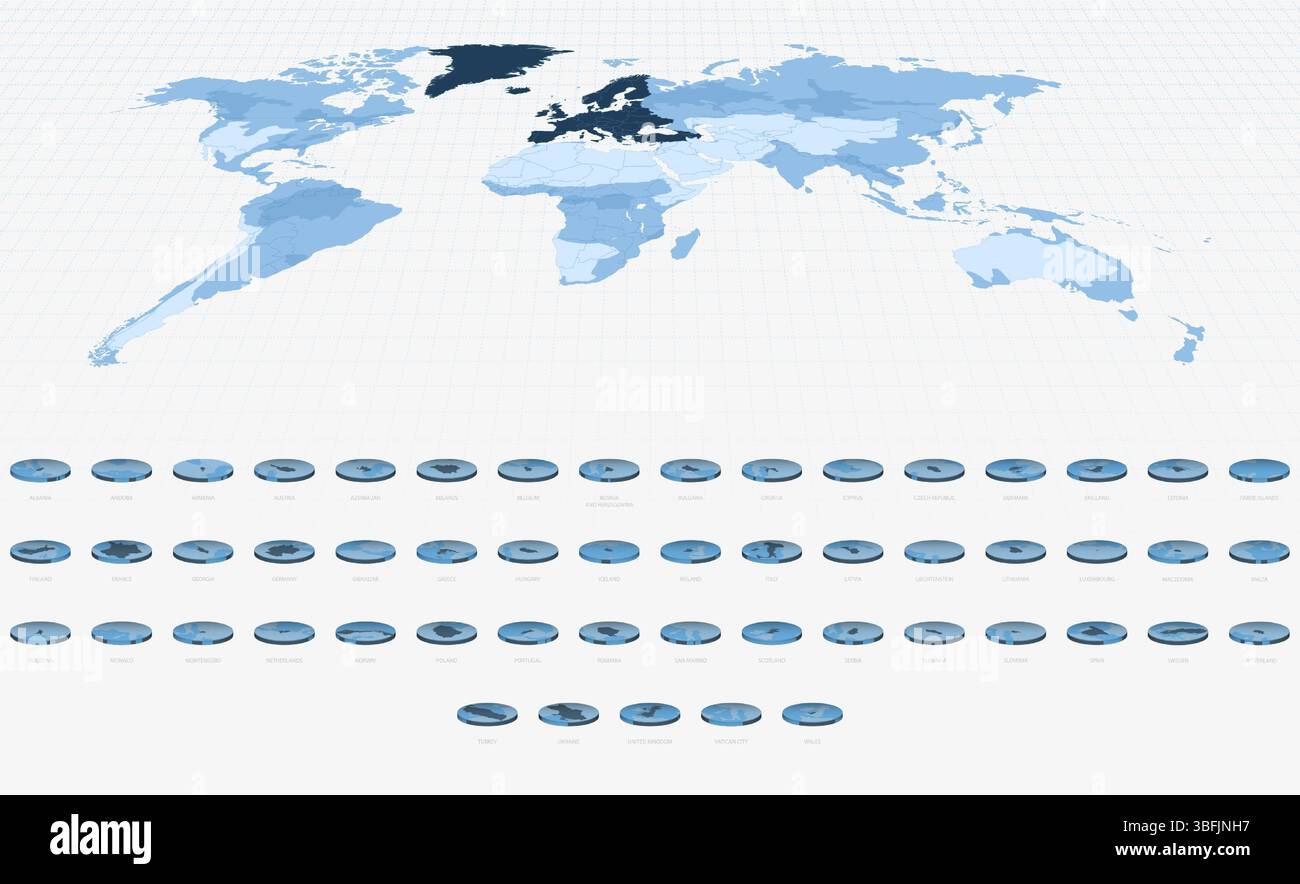 European Country Maps in Circular Isometric Style, Blue Tone. Maps in ...