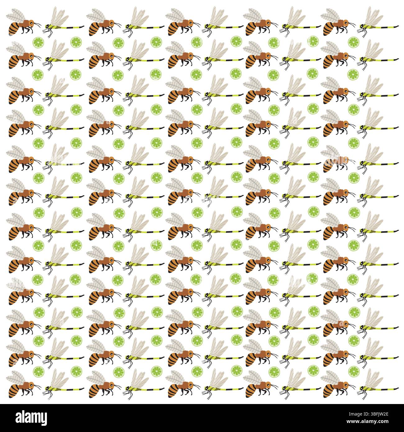 dragonflies and bees with fruit as a pattern background Stock Vector