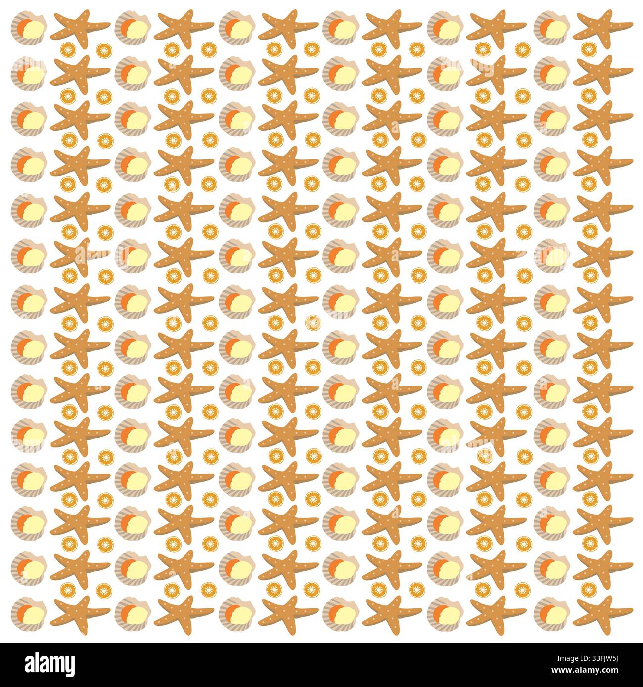shells, starfish and oranges as a pattern background Stock Vector