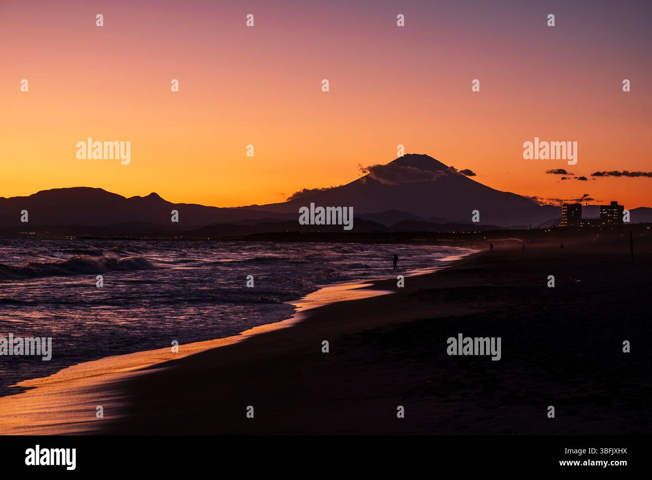 View of Mt. Fuji and ocean from Japanese beach Stock Photo