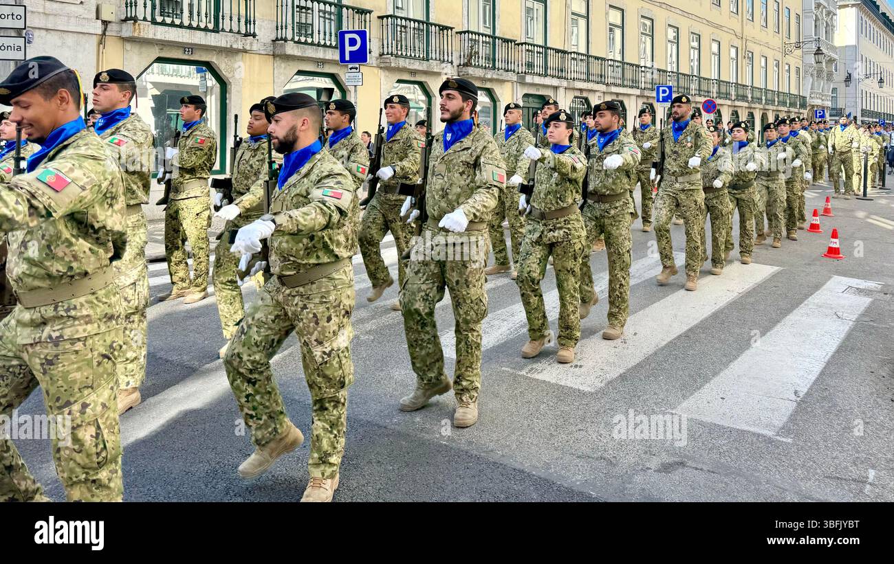 Portuguese Defence Forces marching in the  50th anniversary of the Carnation Revolution1975 in central Lisbon Portugal. - Smartphone Captured Stock Image