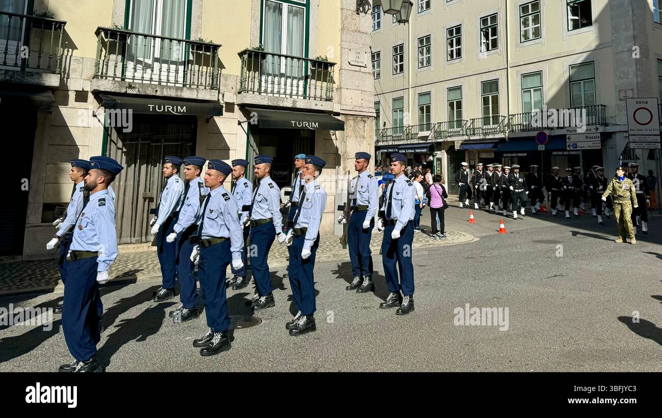 Portuguese Defence Forces marching in the  50th anniversary of the Carnation Revolution1975 in central Lisbon Portugal. - Smartphone Captured Stock Image