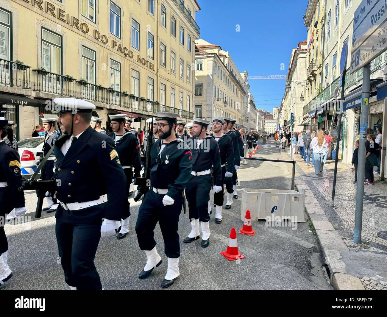Portuguese Defence Forces marching in the  50th anniversary of the Carnation Revolution1975 in central Lisbon Portugal. - Smartphone Captured Stock Image