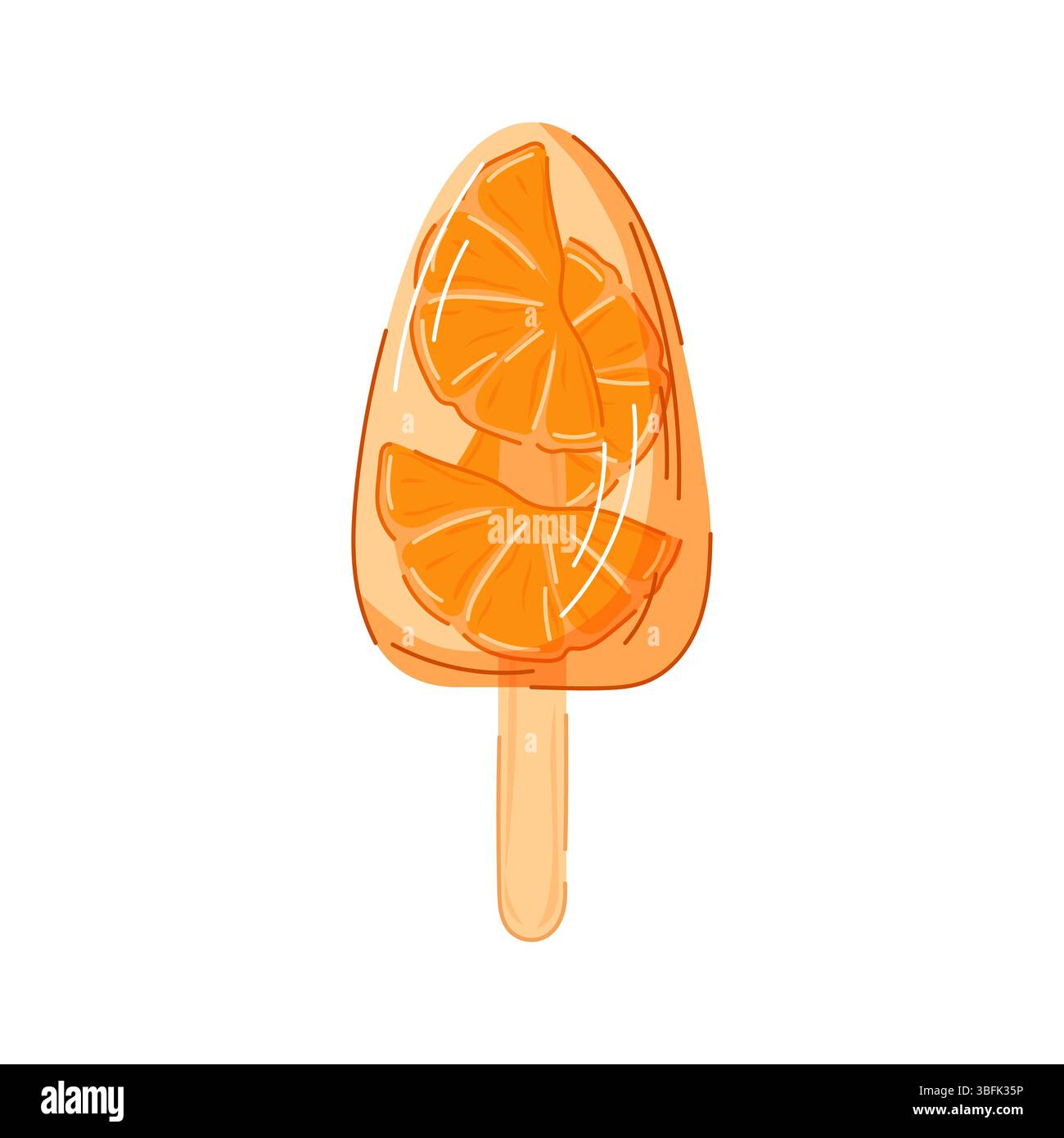 Orange fruit popsicle ice cream with fruit slice inside on wooden stick in cartoon style isolated on white background. Ideal for summer package design Stock Vector