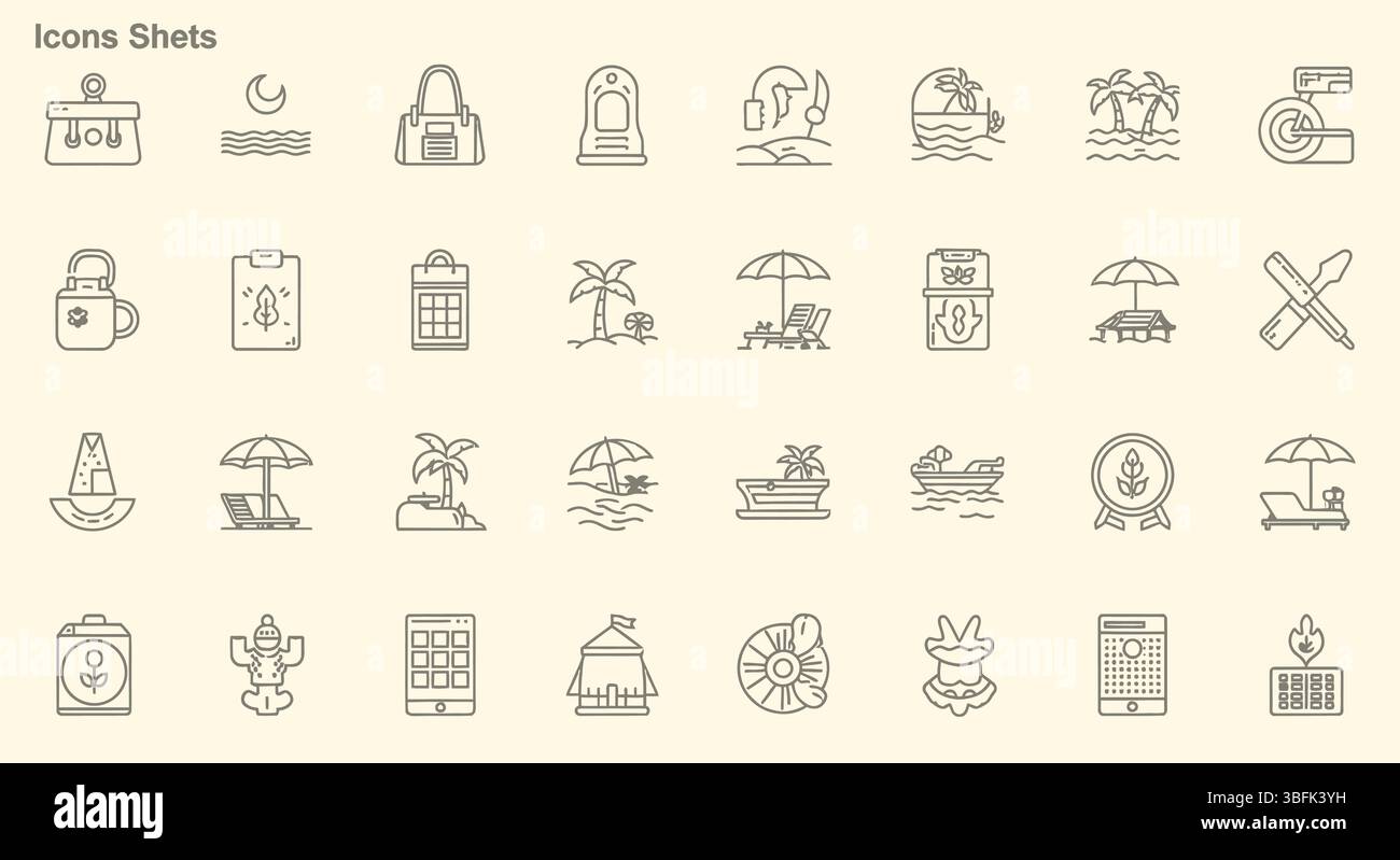 Beach Icon Set – Ocean, Sand, Sun, and Vacation Symbols Stock Vector ...