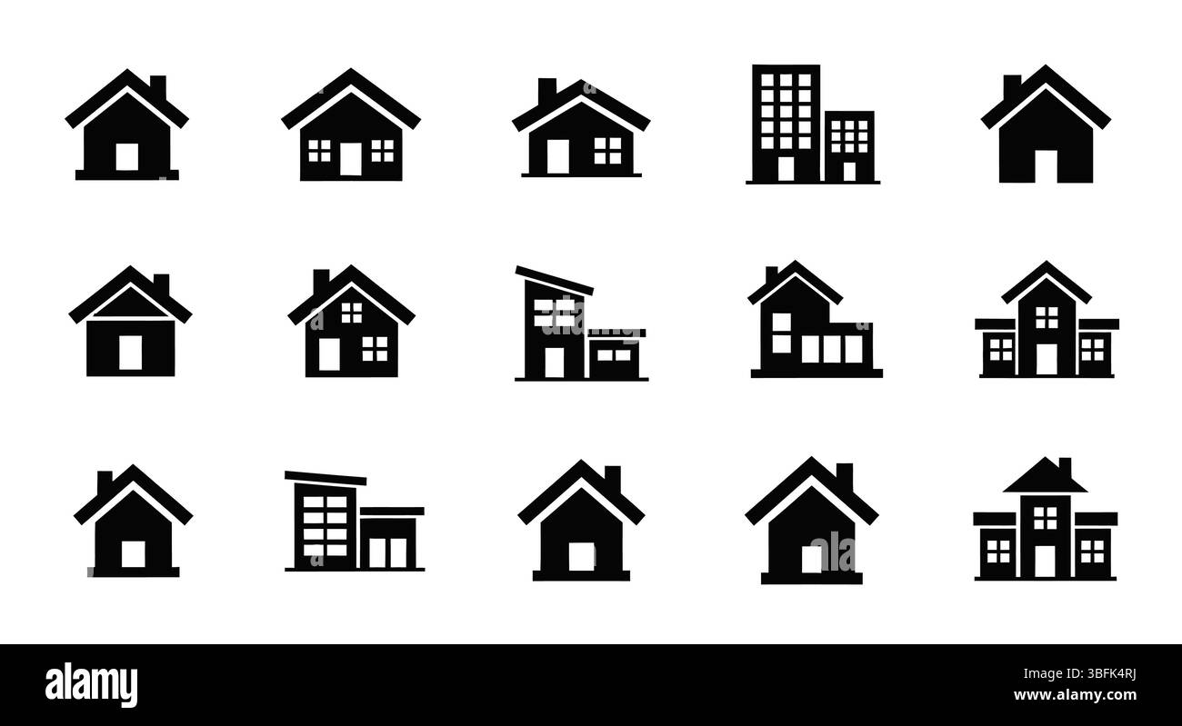 House Icon Set – Home, Real Estate, Building, and Property Symbols Stock Vector