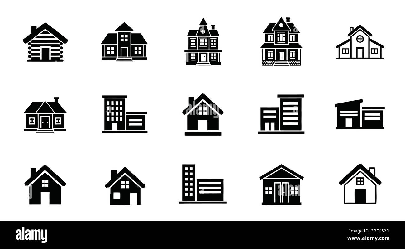 House Icon Set – Home, Real Estate, Building, and Property Symbols Stock Vector