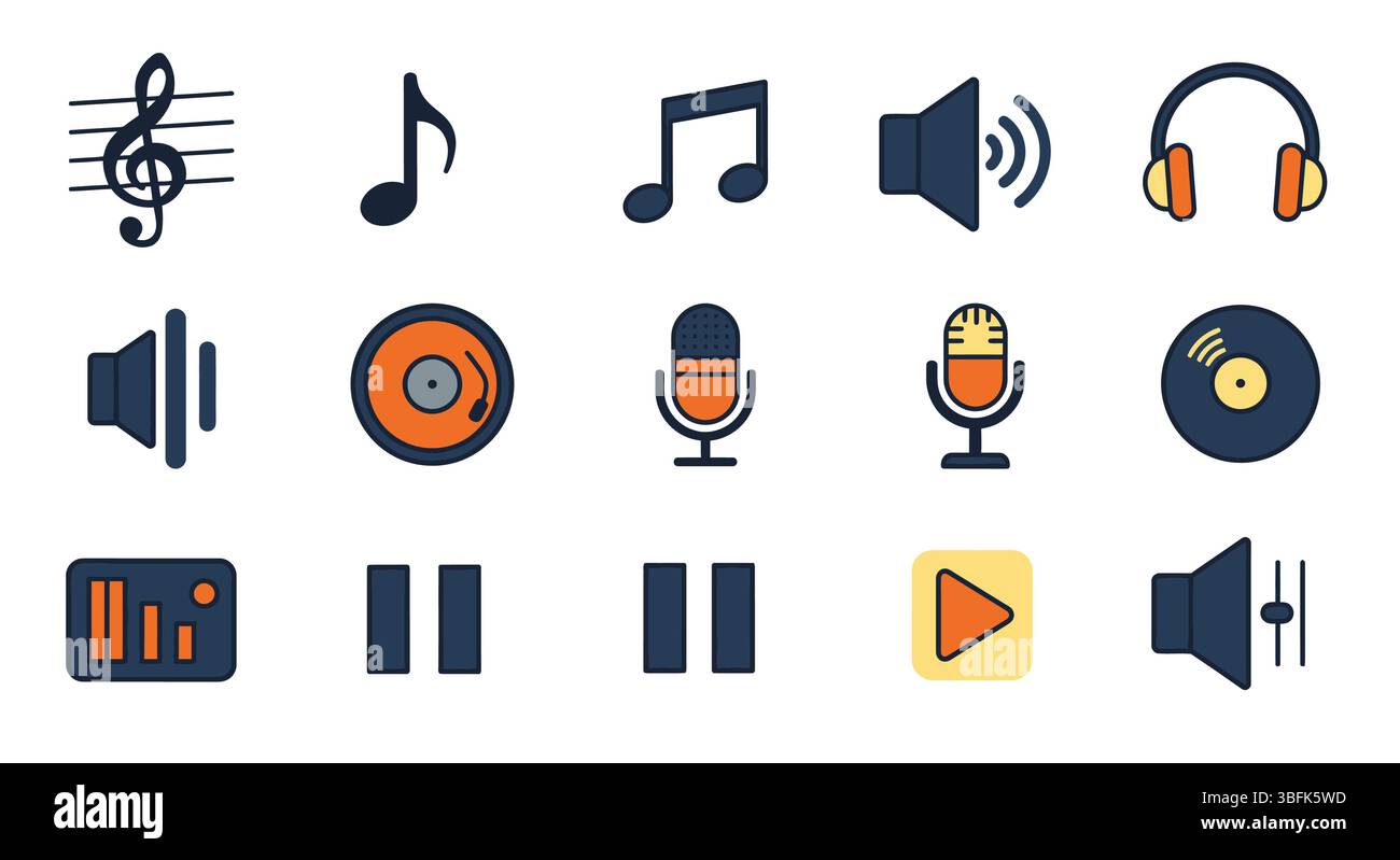 Music Icon Set – Notes, Instruments, Sound, and Audio Symbols Stock ...