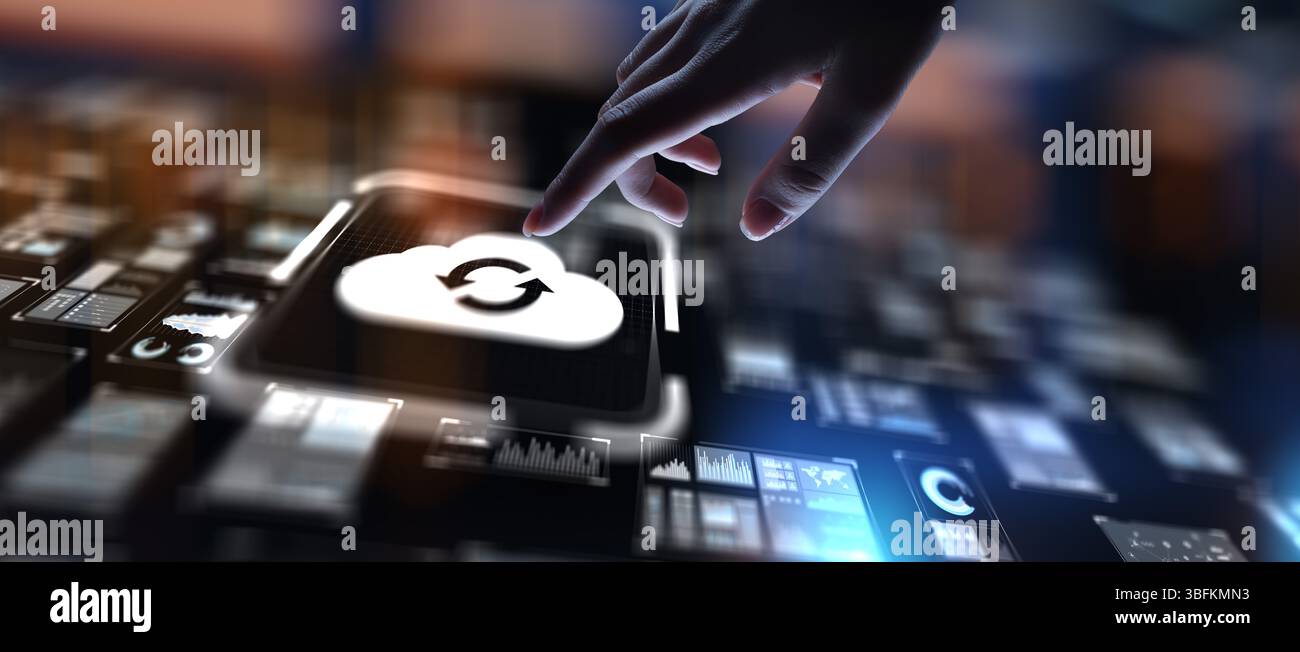 Cloud Computing Enabling Scalable Data Storage and Access, projection on a virtual screen, Business and Technology Concept. Stock Photo