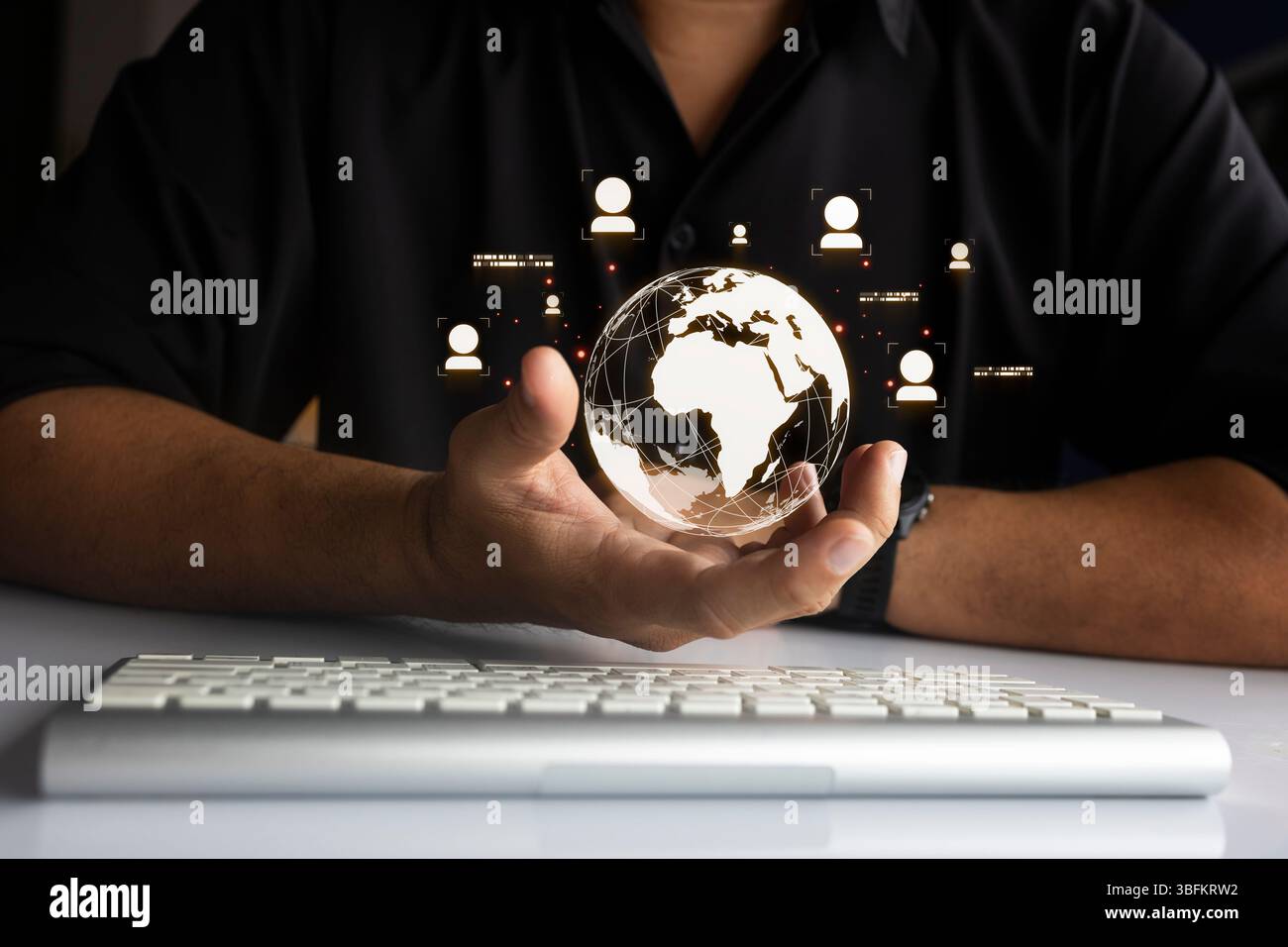 Hand holding a digital globe with user icons representing global ...