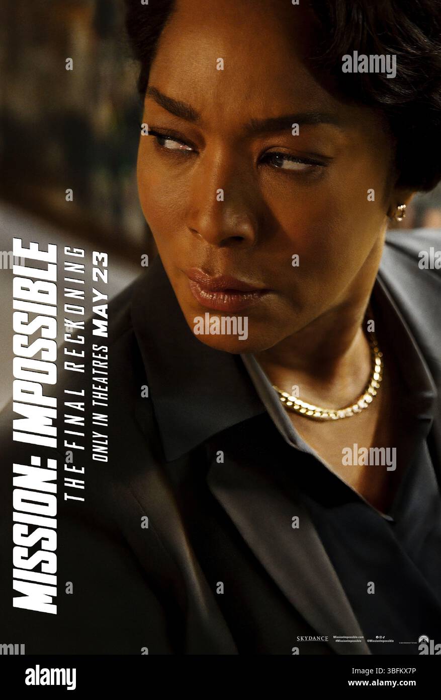 Mission: Impossible - The Final Reckoning (2025) directed by Christopher McQuarrie and starring Angela Bassett as President Erika Sloane. Former CIA director turned President, Erika Sloane faces impossible choices as she authorizes Ethan Hunt’s mission to stop the Entity and prevent nuclear disaster. US character poster EDITORIAL USE ONLY. Credit: BFA / Paramount Pictures Stock Photo