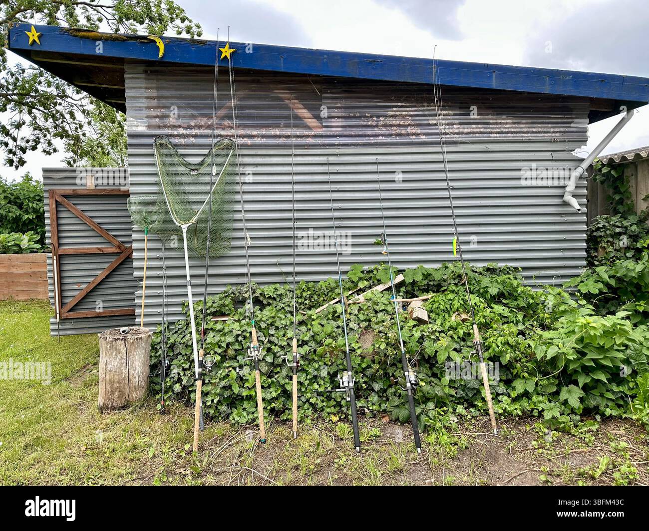 Six fishing poles and a net leaning on a shed in a garden - Smartphone Captured Stock Image
