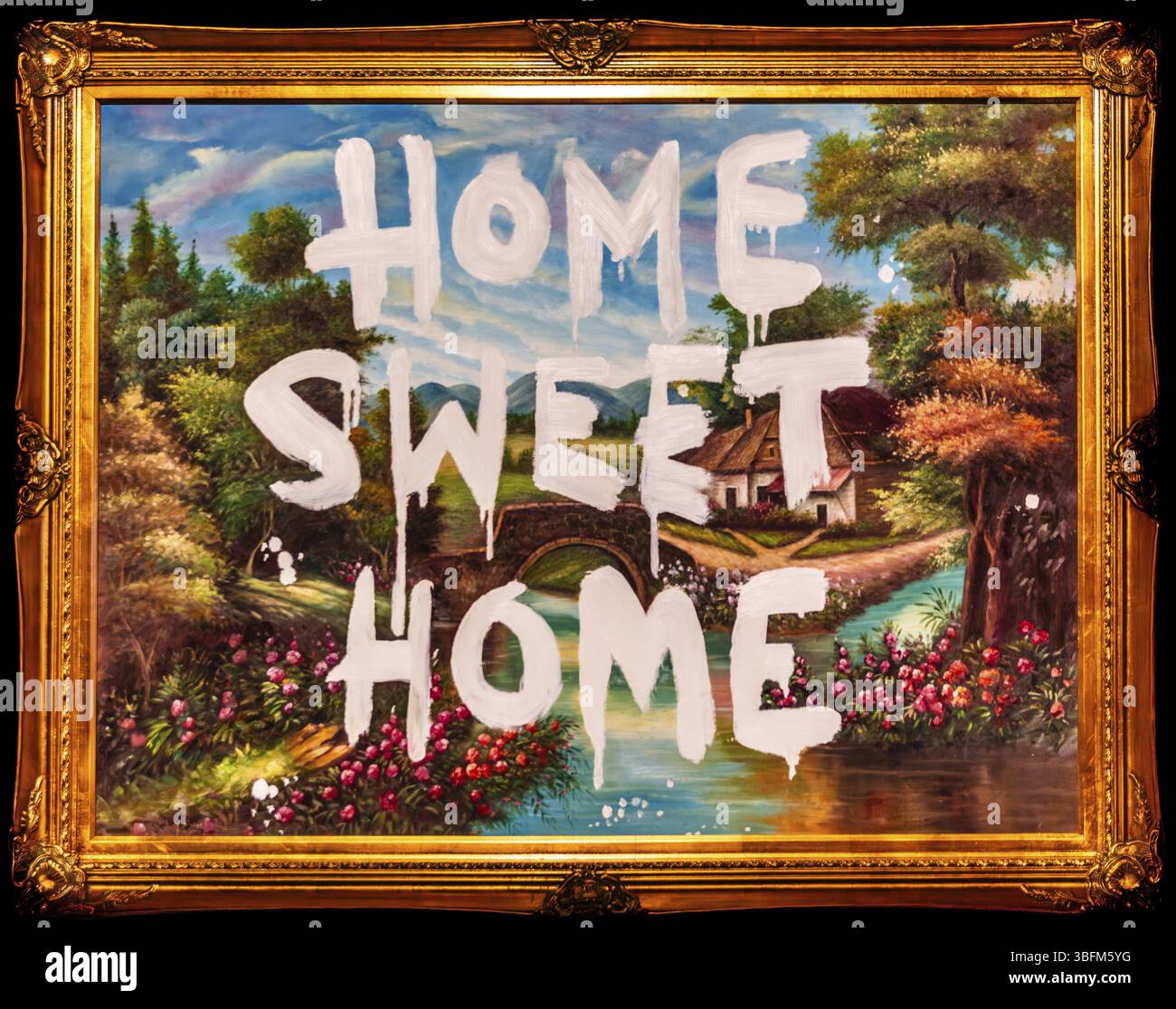 Banksy - Home Sweet Home, rethinking the traditional home, exhibition Barely Legal, 2006, Los Angeles USA, exhibition The World of Banksy Stock Photo
