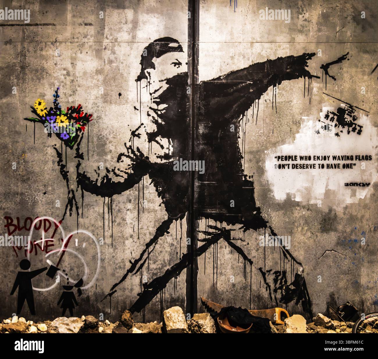 肉筆油絵F20号『非爆弾(花束)を投げる民兵』/Banksy/模写 FULL COLOUR BLACK BANKSY FLOWER BOMBER POSTER ART PRINT